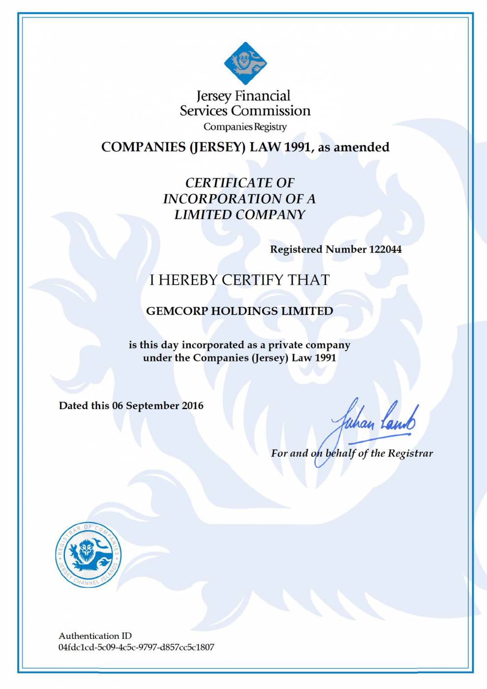 Сертификатът за регистрацията на Gemcorp в офшорната зона Джърси